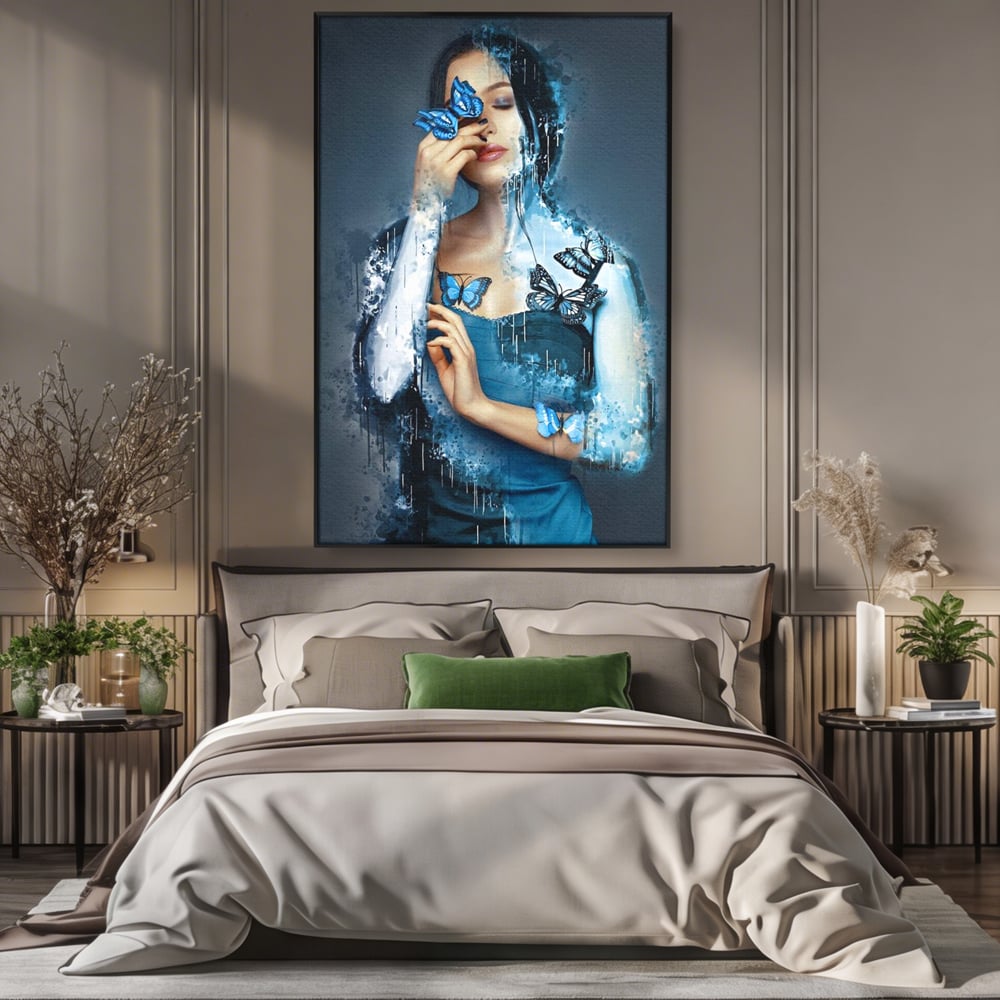 Tablou Canvas Premium, LuxCanva® M1148, Imbratisarea Fluturilor, Portret, Femeie, Fluturi, Aripi, Pictura, Albastru, Magic, Emotie, Vis, Arta Moderna, Frumusete, Birou, Living, Camera Copil