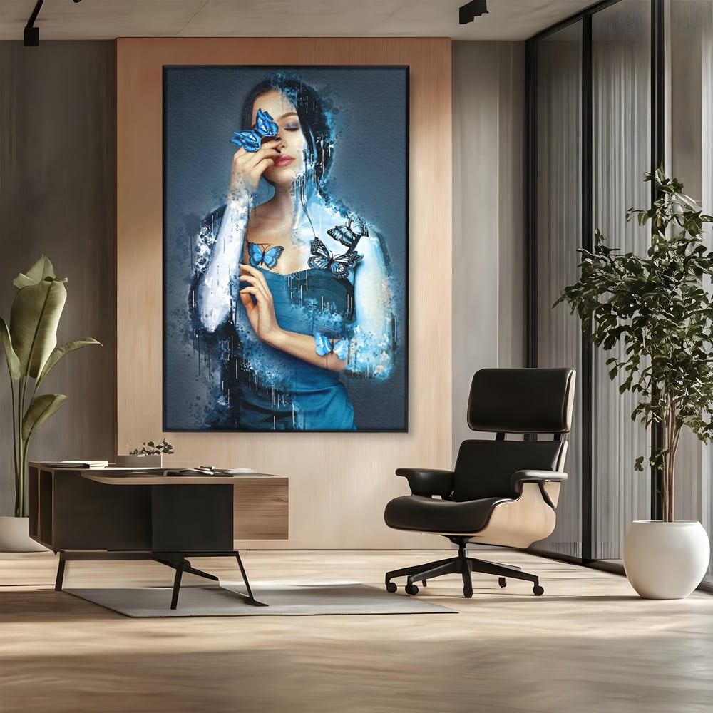 Tablou Canvas Premium, LuxCanva® M1148, Imbratisarea Fluturilor, Portret, Femeie, Fluturi, Aripi, Pictura, Albastru, Magic, Emotie, Vis, Arta Moderna, Frumusete, Birou, Living, Camera Copil