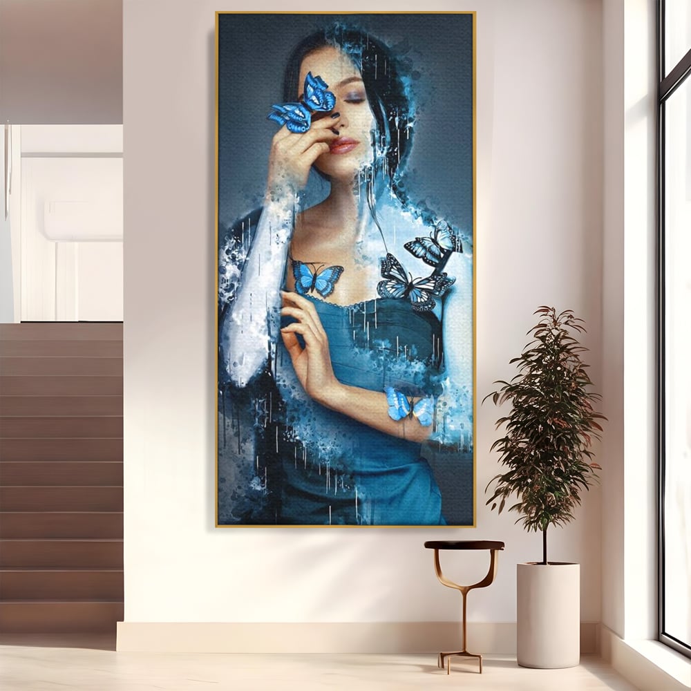 Tablou Canvas Premium, LuxCanva® M1148, Imbratisarea Fluturilor, Portret, Femeie, Fluturi, Aripi, Pictura, Albastru, Magic, Emotie, Vis, Arta Moderna, Frumusete, Birou, Living, Camera Copil
