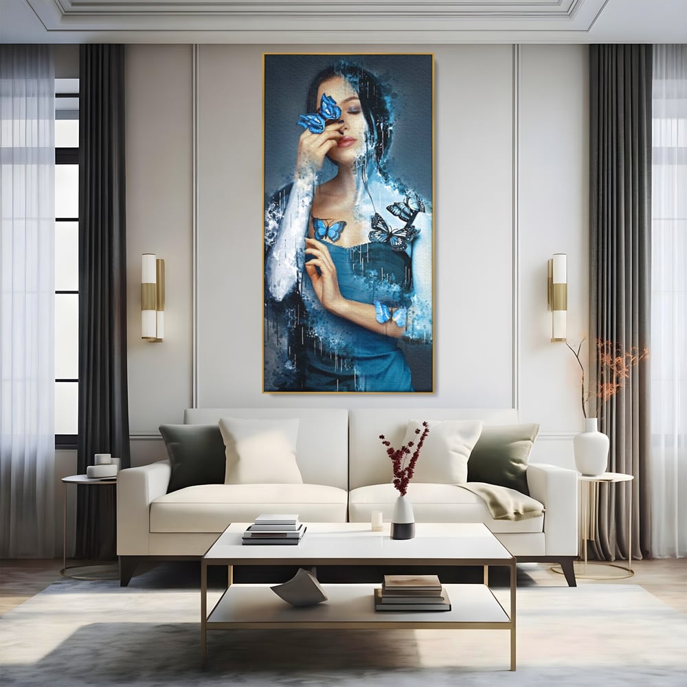 Tablou Canvas Premium, LuxCanva® M1148, Imbratisarea Fluturilor, Portret, Femeie, Fluturi, Aripi, Pictura, Albastru, Magic, Emotie, Vis, Arta Moderna, Frumusete, Birou, Living, Camera Copil