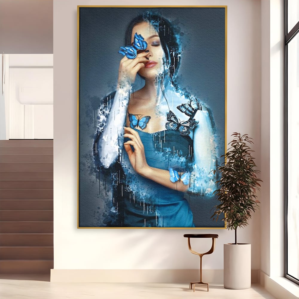 Tablou Canvas Premium, LuxCanva® M1148, Imbratisarea Fluturilor, Portret, Femeie, Fluturi, Aripi, Pictura, Albastru, Magic, Emotie, Vis, Arta Moderna, Frumusete, Birou, Living, Camera Copil