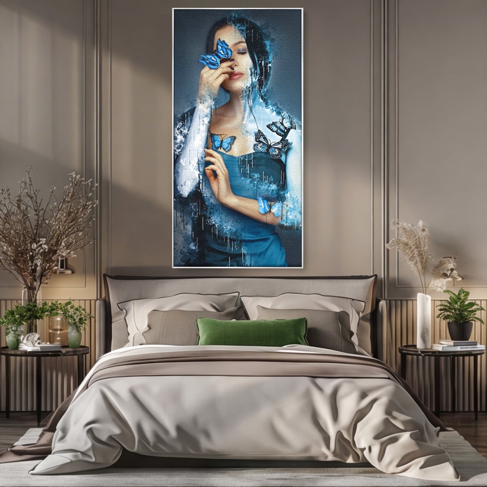 Tablou Canvas Premium, LuxCanva® M1148, Imbratisarea Fluturilor, Portret, Femeie, Fluturi, Aripi, Pictura, Albastru, Magic, Emotie, Vis, Arta Moderna, Frumusete, Birou, Living, Camera Copil