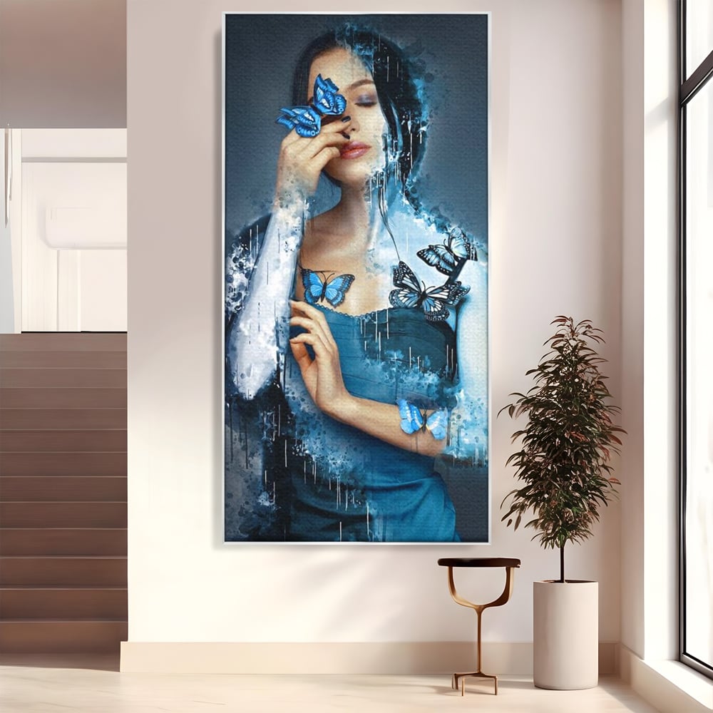 Tablou Canvas Premium, LuxCanva® M1148, Imbratisarea Fluturilor, Portret, Femeie, Fluturi, Aripi, Pictura, Albastru, Magic, Emotie, Vis, Arta Moderna, Frumusete, Birou, Living, Camera Copil