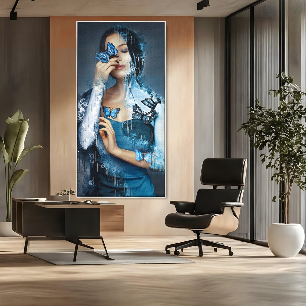 Tablou Canvas Premium, LuxCanva® M1148, Imbratisarea Fluturilor, Portret, Femeie, Fluturi, Aripi, Pictura, Albastru, Magic, Emotie, Vis, Arta Moderna, Frumusete, Birou, Living, Camera Copil