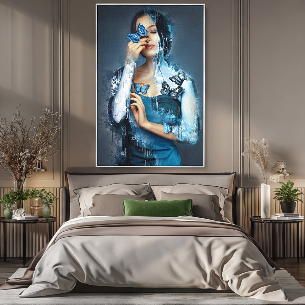 Tablou Canvas Premium, LuxCanva® M1148, Imbratisarea Fluturilor, Portret, Femeie, Fluturi, Aripi, Pictura, Albastru, Magic, Emotie, Vis, Arta Moderna, Frumusete, Birou, Living, Camera Copil
