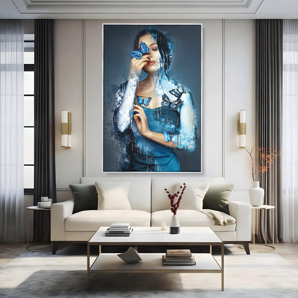 Tablou Canvas Premium, LuxCanva® M1148, Imbratisarea Fluturilor, Portret, Femeie, Fluturi, Aripi, Pictura, Albastru, Magic, Emotie, Vis, Arta Moderna, Frumusete, Birou, Living, Camera Copil