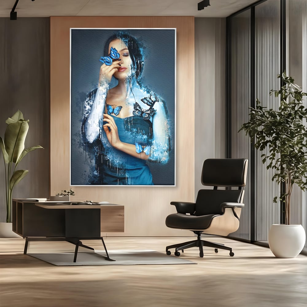 Tablou Canvas Premium, LuxCanva® M1148, Imbratisarea Fluturilor, Portret, Femeie, Fluturi, Aripi, Pictura, Albastru, Magic, Emotie, Vis, Arta Moderna, Frumusete, Birou, Living, Camera Copil