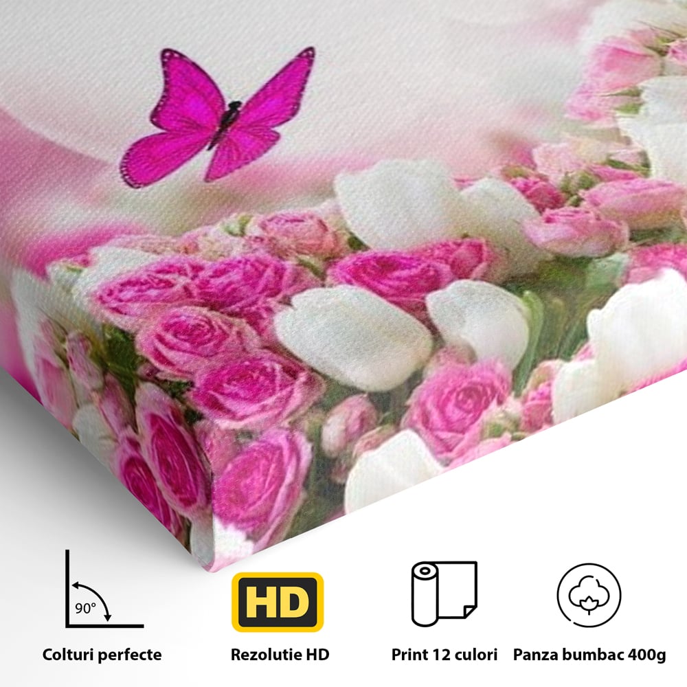 Tablou Canvas Premium, LuxCanva® M1149, Dansul Trandafirilor, Flori, Trandafiri, Roz, Culori Vibrante, Gradina, Fluturi, Aripi, Zbor, Abstract, Feminin, Natura, Birou, Living, Camera Copil
