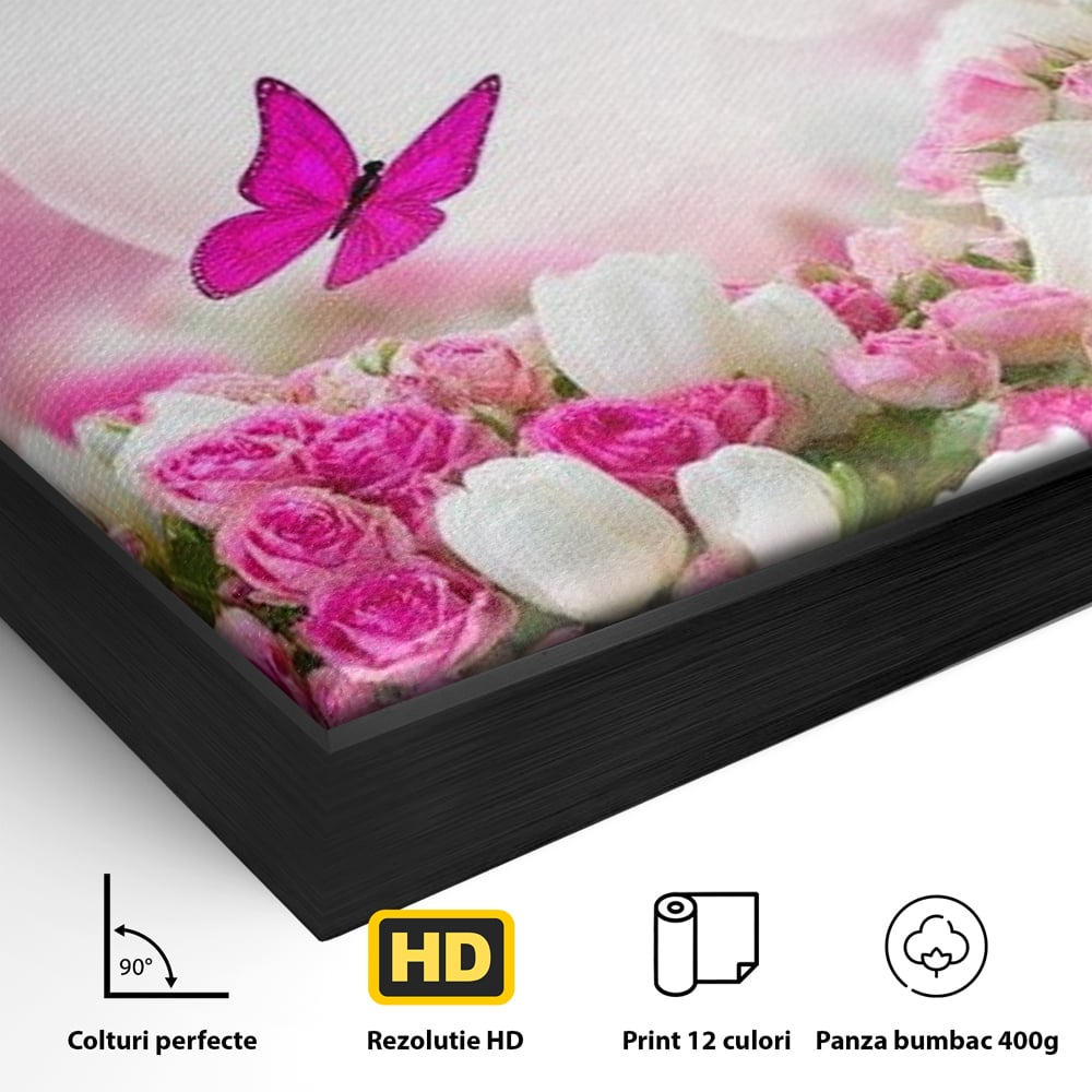 Tablou Canvas Premium, LuxCanva® M1149, Dansul Trandafirilor, Flori, Trandafiri, Roz, Culori Vibrante, Gradina, Fluturi, Aripi, Zbor, Abstract, Feminin, Natura, Birou, Living, Camera Copil