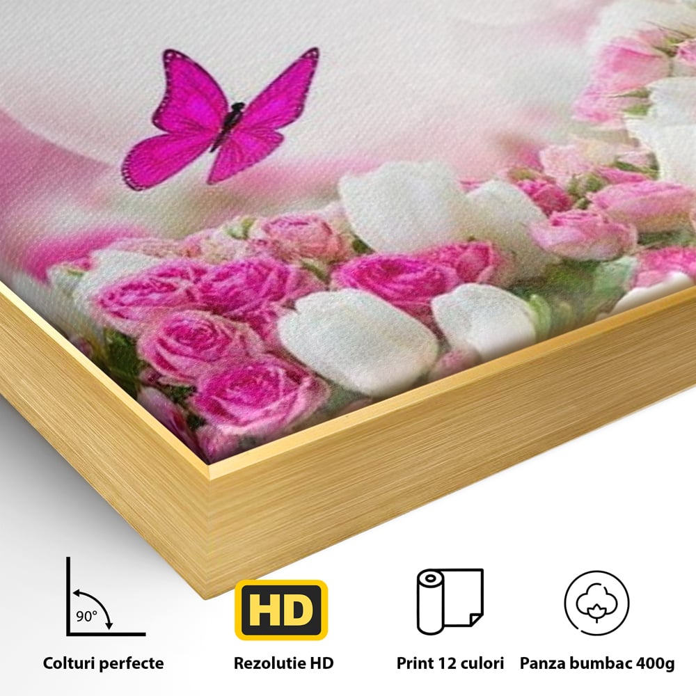 Tablou Canvas Premium, LuxCanva® M1149, Dansul Trandafirilor, Flori, Trandafiri, Roz, Culori Vibrante, Gradina, Fluturi, Aripi, Zbor, Abstract, Feminin, Natura, Birou, Living, Camera Copil