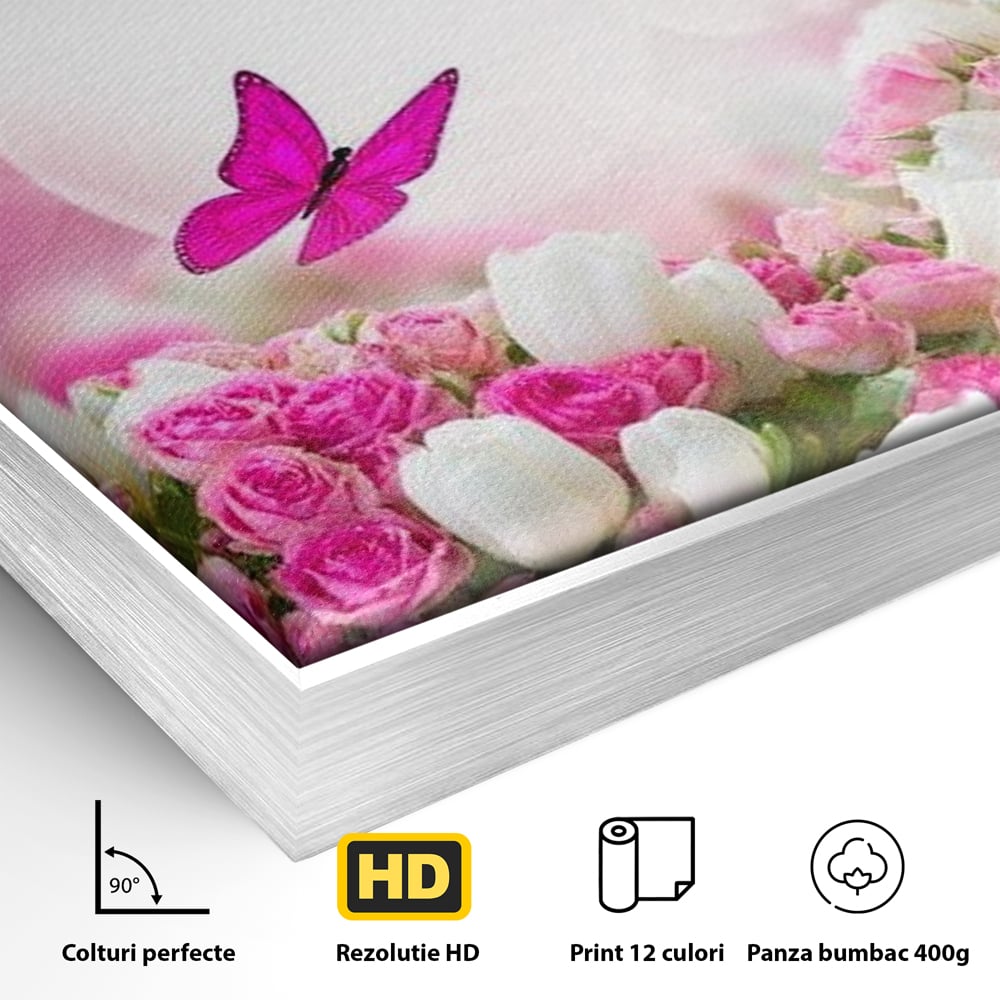 Tablou Canvas Premium, LuxCanva® M1149, Dansul Trandafirilor, Flori, Trandafiri, Roz, Culori Vibrante, Gradina, Fluturi, Aripi, Zbor, Abstract, Feminin, Natura, Birou, Living, Camera Copil