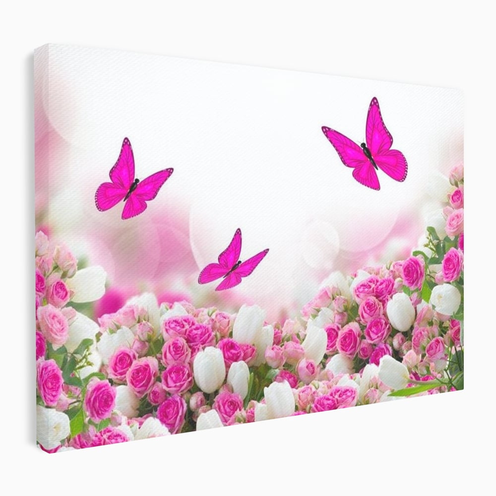 Tablou Canvas Premium, LuxCanva® M1149, Dansul Trandafirilor, Flori, Trandafiri, Roz, Culori Vibrante, Gradina, Fluturi, Aripi, Zbor, Abstract, Feminin, Natura, Birou, Living, Camera Copil