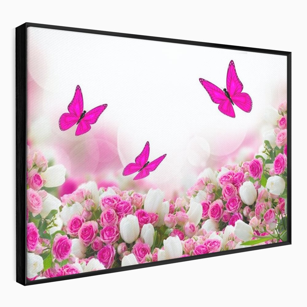 Tablou Canvas Premium, LuxCanva® M1149, Dansul Trandafirilor, Flori, Trandafiri, Roz, Culori Vibrante, Gradina, Fluturi, Aripi, Zbor, Abstract, Feminin, Natura, Birou, Living, Camera Copil