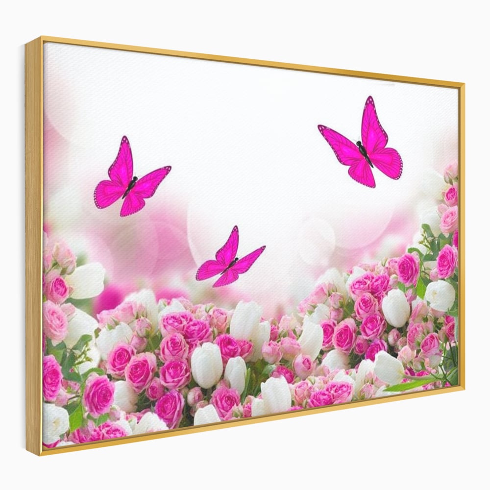 Tablou Canvas Premium, LuxCanva® M1149, Dansul Trandafirilor, Flori, Trandafiri, Roz, Culori Vibrante, Gradina, Fluturi, Aripi, Zbor, Abstract, Feminin, Natura, Birou, Living, Camera Copil