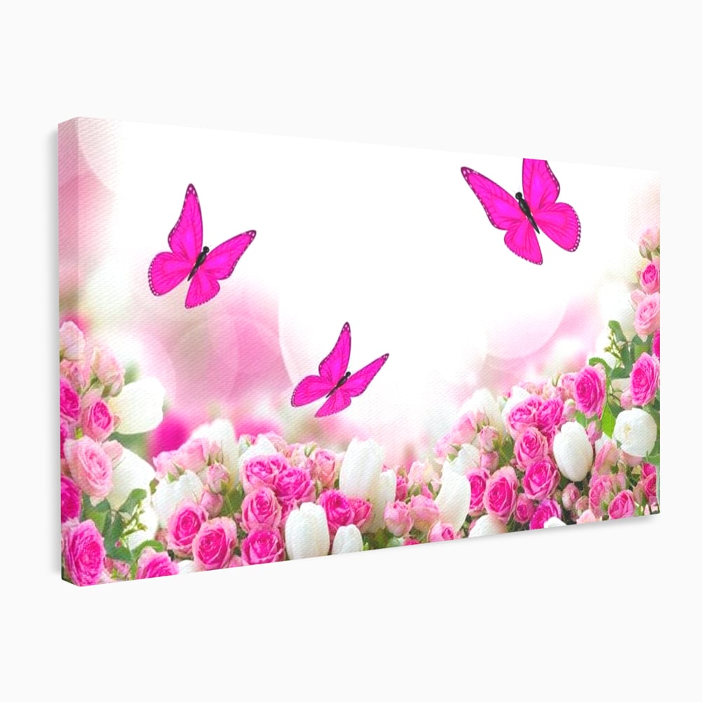 Tablou Canvas Premium, LuxCanva® M1149, Dansul Trandafirilor, Flori, Trandafiri, Roz, Culori Vibrante, Gradina, Fluturi, Aripi, Zbor, Abstract, Feminin, Natura, Birou, Living, Camera Copil