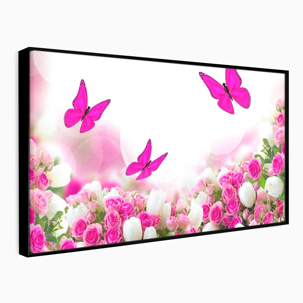 Tablou Canvas Premium, LuxCanva® M1149, Dansul Trandafirilor, Flori, Trandafiri, Roz, Culori Vibrante, Gradina, Fluturi, Aripi, Zbor, Abstract, Feminin, Natura, Birou, Living, Camera Copil