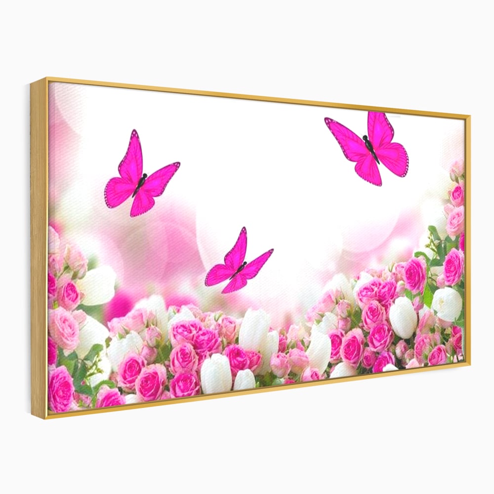 Tablou Canvas Premium, LuxCanva® M1149, Dansul Trandafirilor, Flori, Trandafiri, Roz, Culori Vibrante, Gradina, Fluturi, Aripi, Zbor, Abstract, Feminin, Natura, Birou, Living, Camera Copil