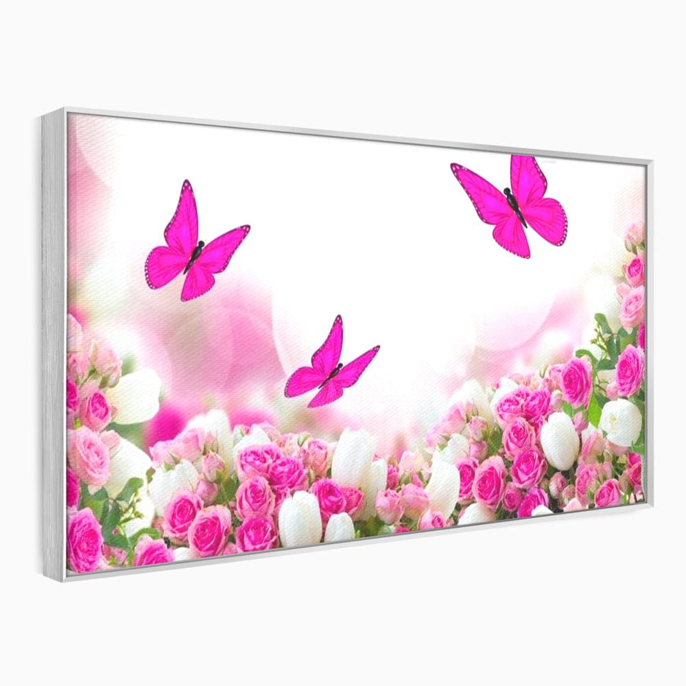Tablou Canvas Premium, LuxCanva® M1149, Dansul Trandafirilor, Flori, Trandafiri, Roz, Culori Vibrante, Gradina, Fluturi, Aripi, Zbor, Abstract, Feminin, Natura, Birou, Living, Camera Copil