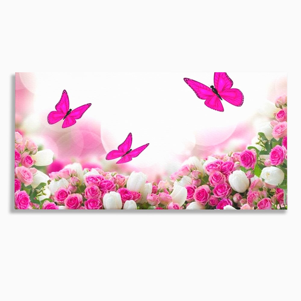 Tablou Canvas Premium, LuxCanva® M1149, Dansul Trandafirilor, Flori, Trandafiri, Roz, Culori Vibrante, Gradina, Fluturi, Aripi, Zbor, Abstract, Feminin, Natura, Birou, Living, Camera Copil