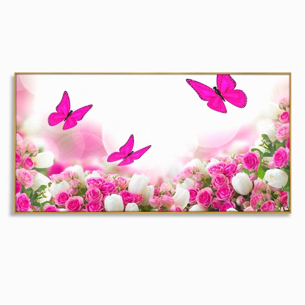 Tablou Canvas Premium, LuxCanva® M1149, Dansul Trandafirilor, Flori, Trandafiri, Roz, Culori Vibrante, Gradina, Fluturi, Aripi, Zbor, Abstract, Feminin, Natura, Birou, Living, Camera Copil