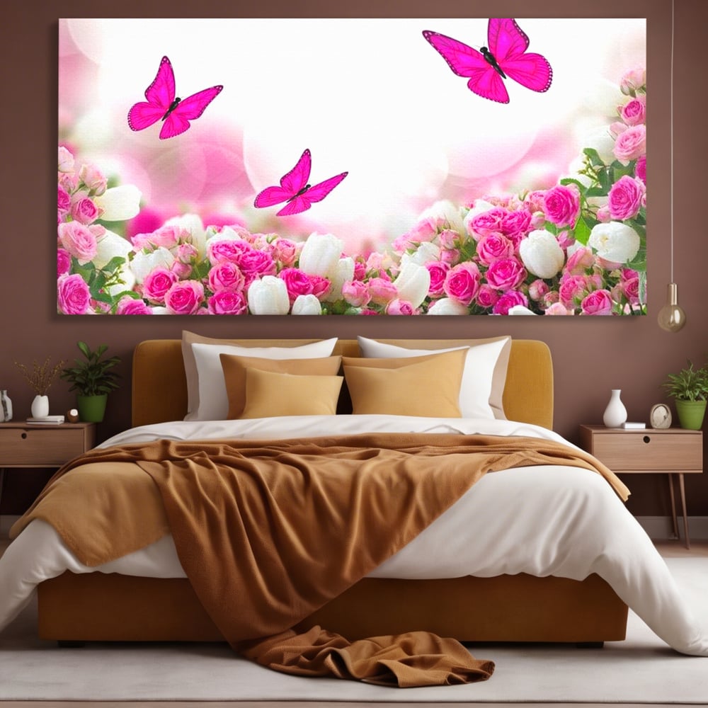 Tablou Canvas Premium, LuxCanva® M1149, Dansul Trandafirilor, Flori, Trandafiri, Roz, Culori Vibrante, Gradina, Fluturi, Aripi, Zbor, Abstract, Feminin, Natura, Birou, Living, Camera Copil