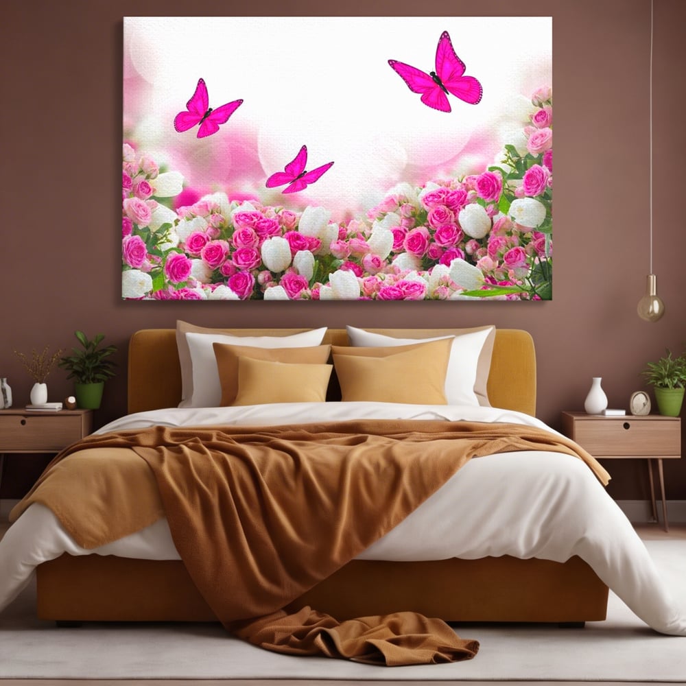 Tablou Canvas Premium, LuxCanva® M1149, Dansul Trandafirilor, Flori, Trandafiri, Roz, Culori Vibrante, Gradina, Fluturi, Aripi, Zbor, Abstract, Feminin, Natura, Birou, Living, Camera Copil