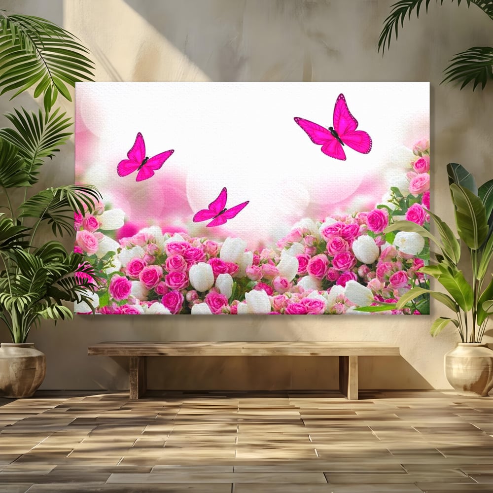 Tablou Canvas Premium, LuxCanva® M1149, Dansul Trandafirilor, Flori, Trandafiri, Roz, Culori Vibrante, Gradina, Fluturi, Aripi, Zbor, Abstract, Feminin, Natura, Birou, Living, Camera Copil