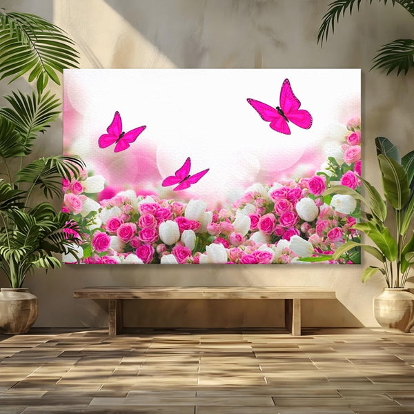 Tablou Canvas Premium, LuxCanva® M1149, Dansul Trandafirilor, Flori, Trandafiri, Roz, Culori Vibrante, Gradina, Fluturi, Aripi, Zbor, Abstract, Feminin, Natura, Birou, Living, Camera Copil