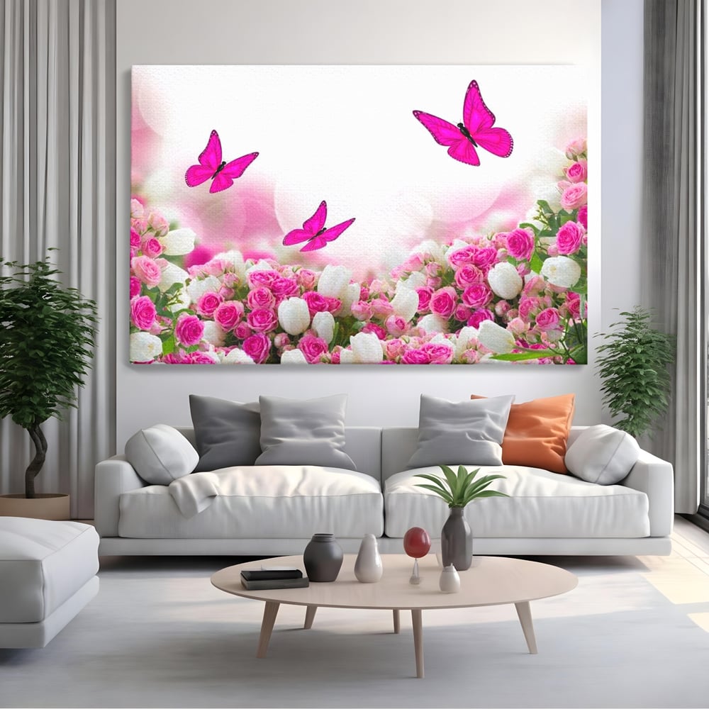 Tablou Canvas Premium, LuxCanva® M1149, Dansul Trandafirilor, Flori, Trandafiri, Roz, Culori Vibrante, Gradina, Fluturi, Aripi, Zbor, Abstract, Feminin, Natura, Birou, Living, Camera Copil