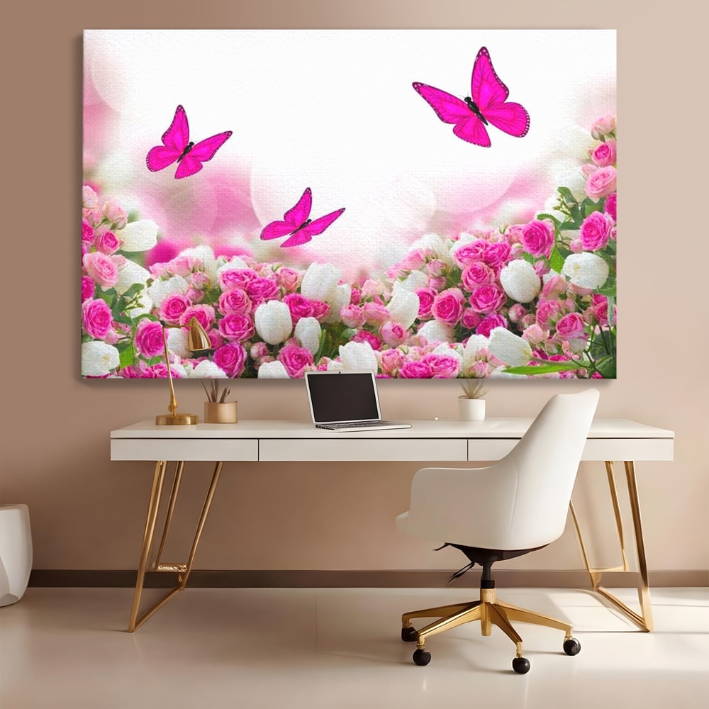 Tablou Canvas Premium, LuxCanva® M1149, Dansul Trandafirilor, Flori, Trandafiri, Roz, Culori Vibrante, Gradina, Fluturi, Aripi, Zbor, Abstract, Feminin, Natura, Birou, Living, Camera Copil