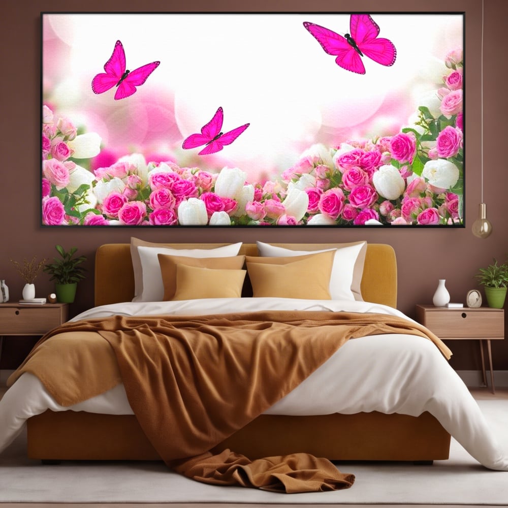 Tablou Canvas Premium, LuxCanva® M1149, Dansul Trandafirilor, Flori, Trandafiri, Roz, Culori Vibrante, Gradina, Fluturi, Aripi, Zbor, Abstract, Feminin, Natura, Birou, Living, Camera Copil