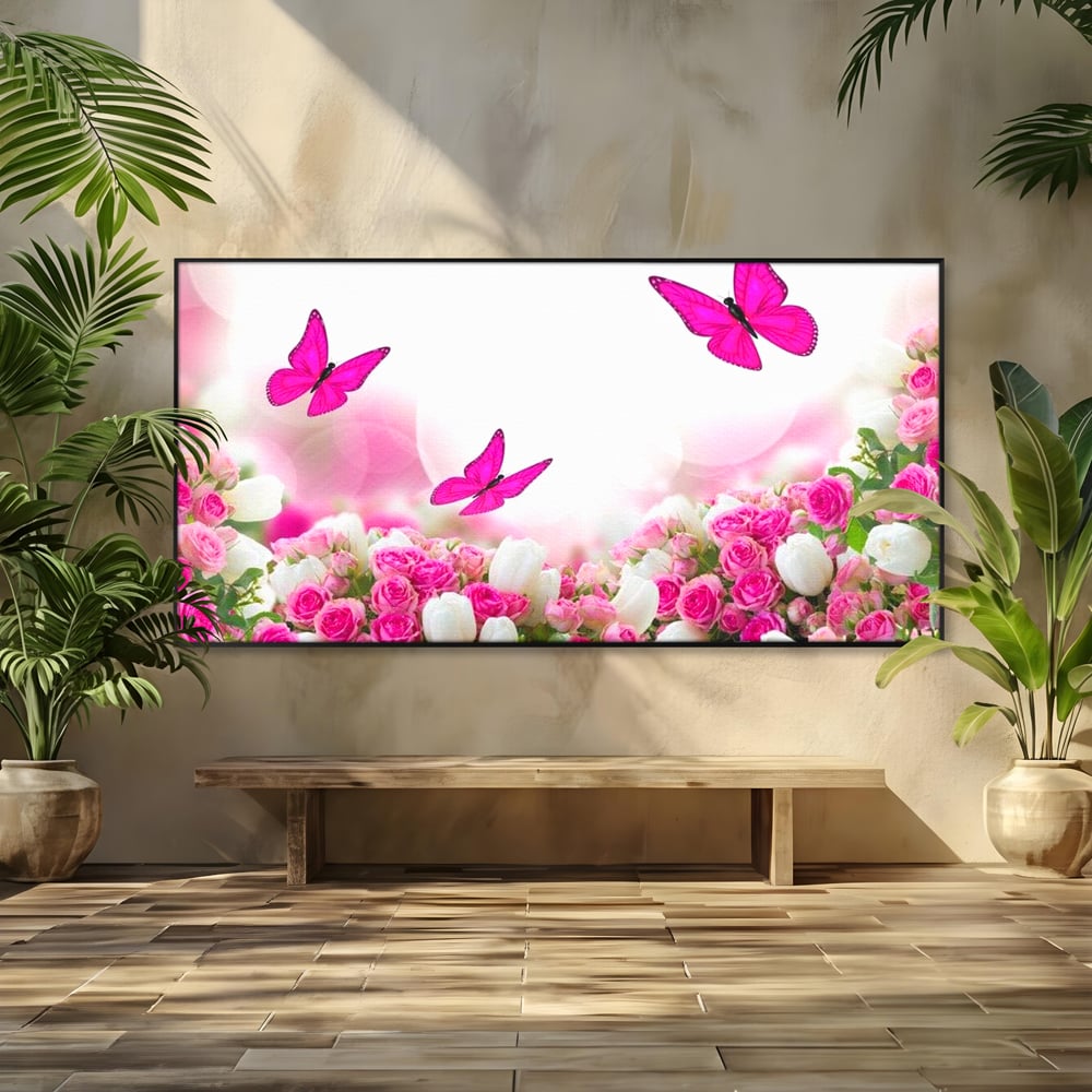 Tablou Canvas Premium, LuxCanva® M1149, Dansul Trandafirilor, Flori, Trandafiri, Roz, Culori Vibrante, Gradina, Fluturi, Aripi, Zbor, Abstract, Feminin, Natura, Birou, Living, Camera Copil