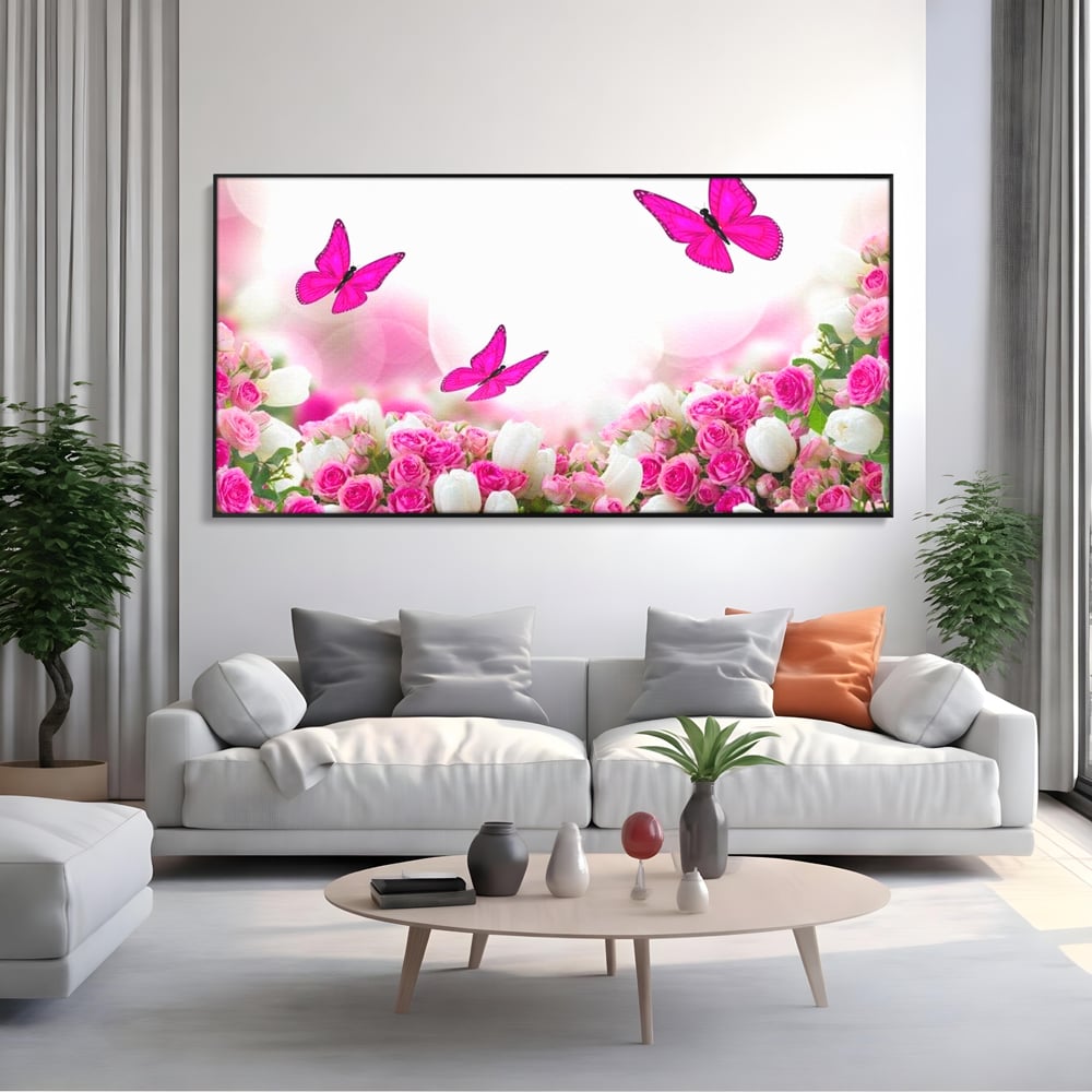 Tablou Canvas Premium, LuxCanva® M1149, Dansul Trandafirilor, Flori, Trandafiri, Roz, Culori Vibrante, Gradina, Fluturi, Aripi, Zbor, Abstract, Feminin, Natura, Birou, Living, Camera Copil