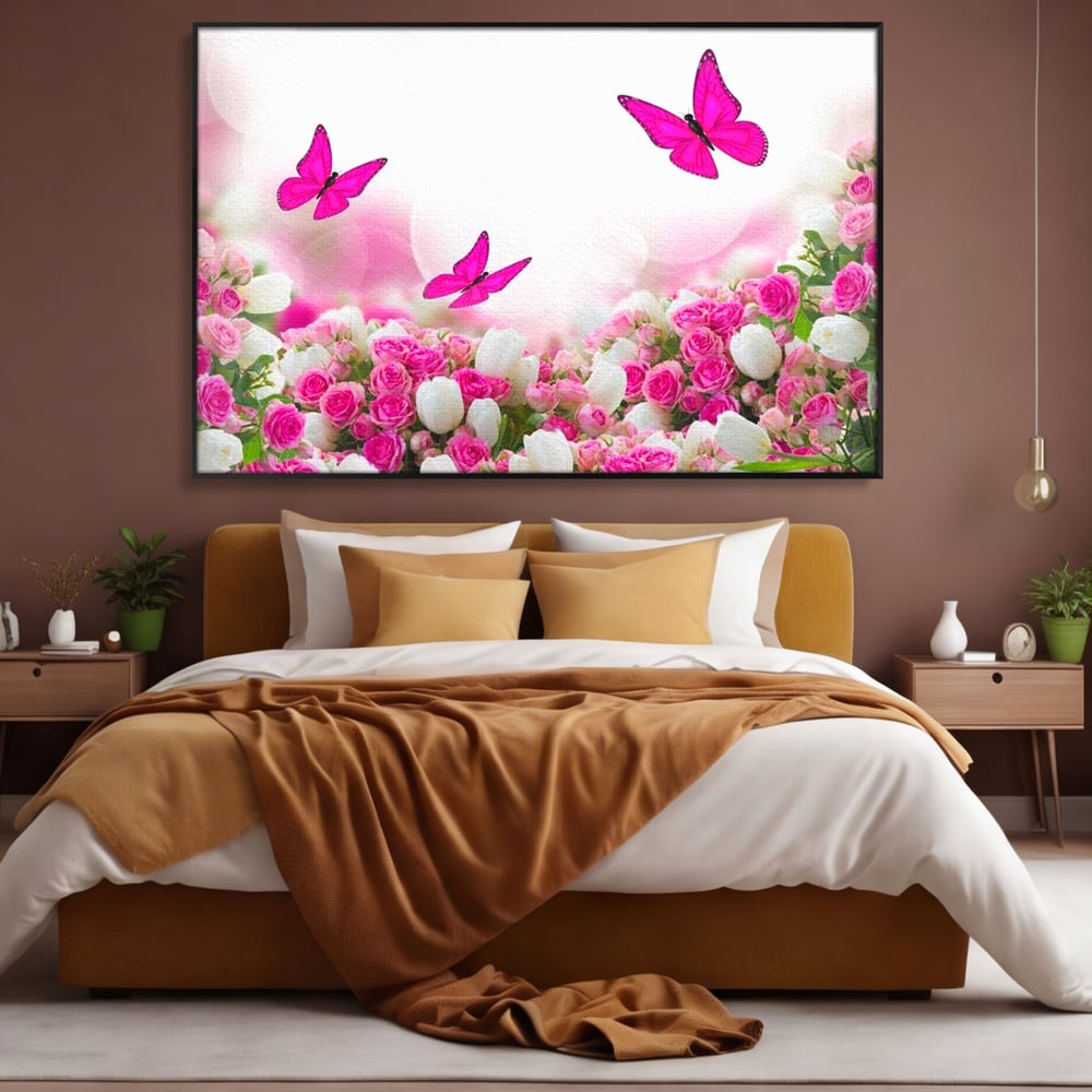 Tablou Canvas Premium, LuxCanva® M1149, Dansul Trandafirilor, Flori, Trandafiri, Roz, Culori Vibrante, Gradina, Fluturi, Aripi, Zbor, Abstract, Feminin, Natura, Birou, Living, Camera Copil