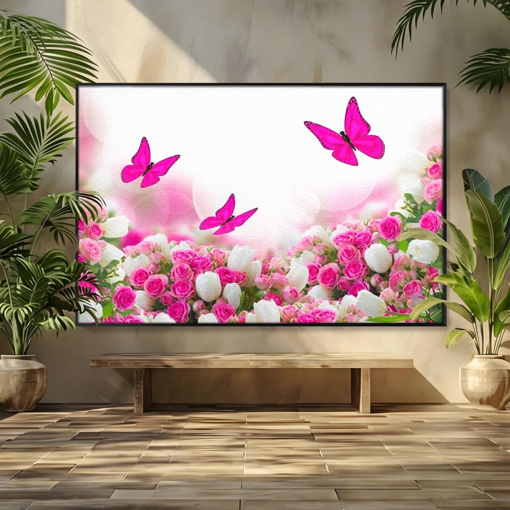 Tablou Canvas Premium, LuxCanva® M1149, Dansul Trandafirilor, Flori, Trandafiri, Roz, Culori Vibrante, Gradina, Fluturi, Aripi, Zbor, Abstract, Feminin, Natura, Birou, Living, Camera Copil