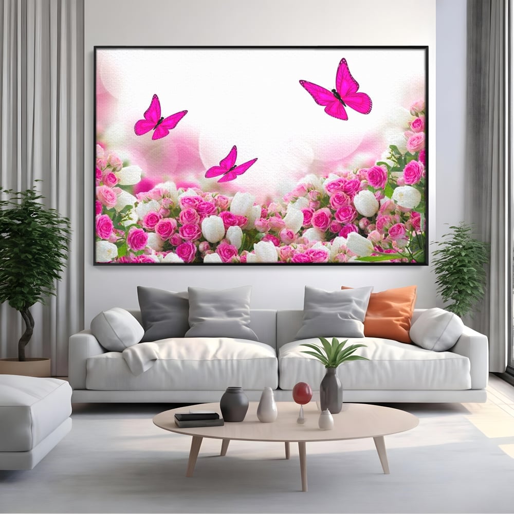 Tablou Canvas Premium, LuxCanva® M1149, Dansul Trandafirilor, Flori, Trandafiri, Roz, Culori Vibrante, Gradina, Fluturi, Aripi, Zbor, Abstract, Feminin, Natura, Birou, Living, Camera Copil