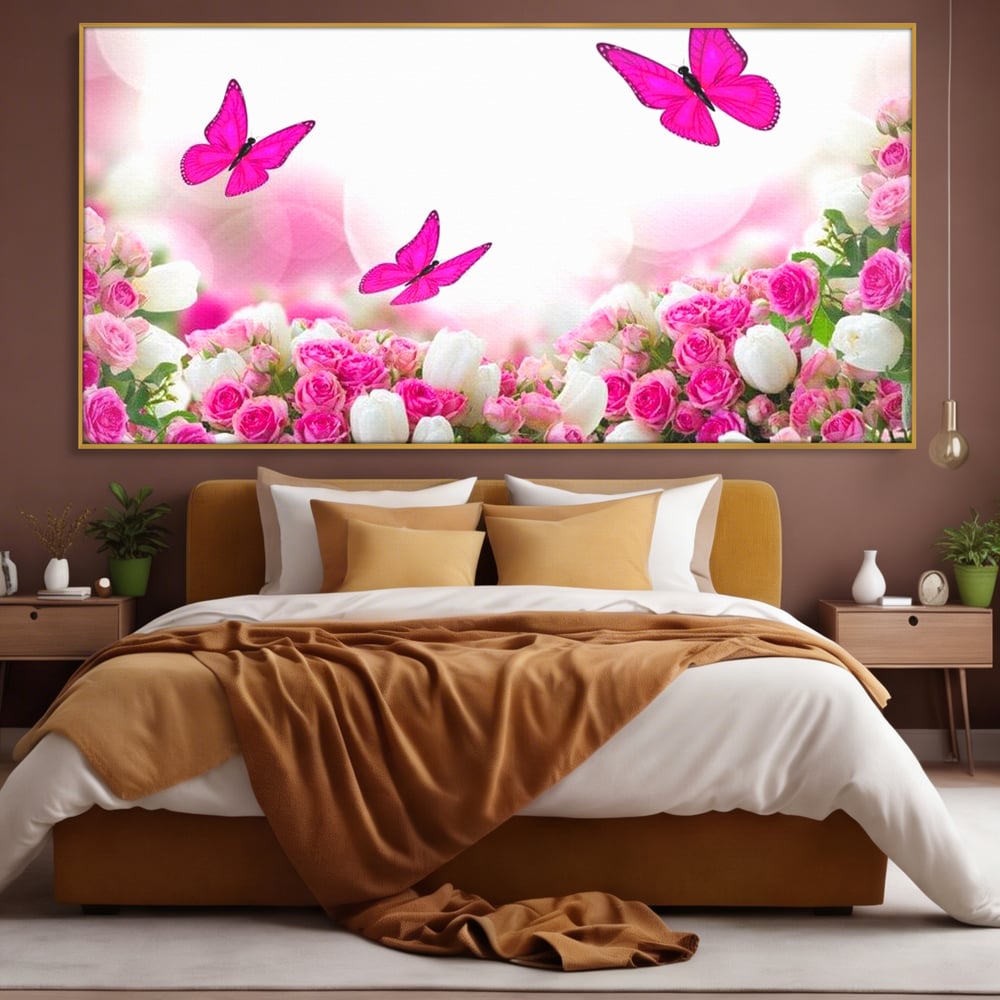 Tablou Canvas Premium, LuxCanva® M1149, Dansul Trandafirilor, Flori, Trandafiri, Roz, Culori Vibrante, Gradina, Fluturi, Aripi, Zbor, Abstract, Feminin, Natura, Birou, Living, Camera Copil