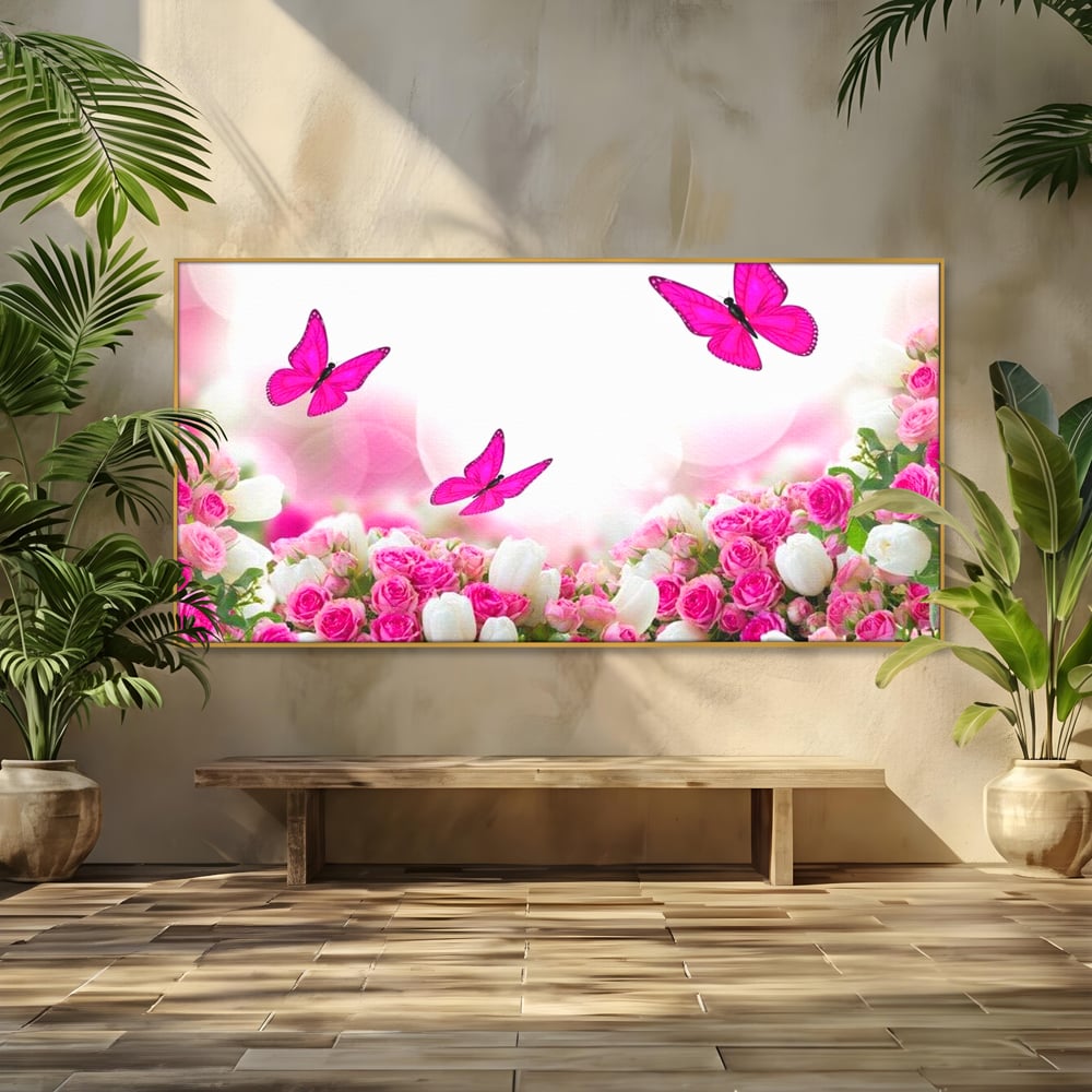 Tablou Canvas Premium, LuxCanva® M1149, Dansul Trandafirilor, Flori, Trandafiri, Roz, Culori Vibrante, Gradina, Fluturi, Aripi, Zbor, Abstract, Feminin, Natura, Birou, Living, Camera Copil