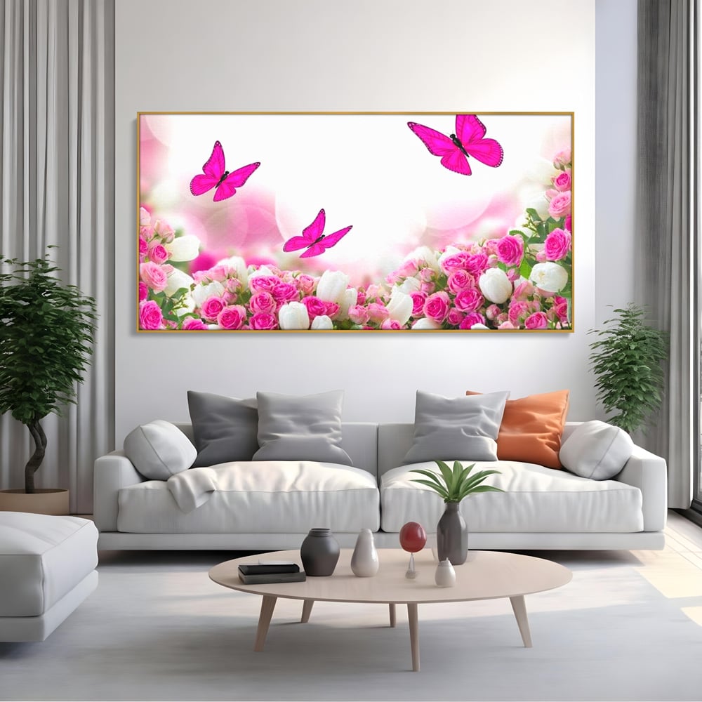 Tablou Canvas Premium, LuxCanva® M1149, Dansul Trandafirilor, Flori, Trandafiri, Roz, Culori Vibrante, Gradina, Fluturi, Aripi, Zbor, Abstract, Feminin, Natura, Birou, Living, Camera Copil
