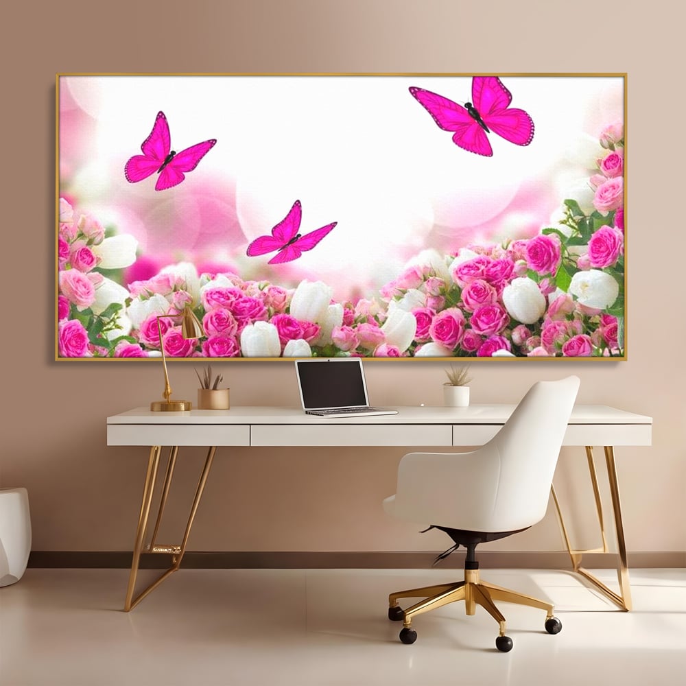 Tablou Canvas Premium, LuxCanva® M1149, Dansul Trandafirilor, Flori, Trandafiri, Roz, Culori Vibrante, Gradina, Fluturi, Aripi, Zbor, Abstract, Feminin, Natura, Birou, Living, Camera Copil