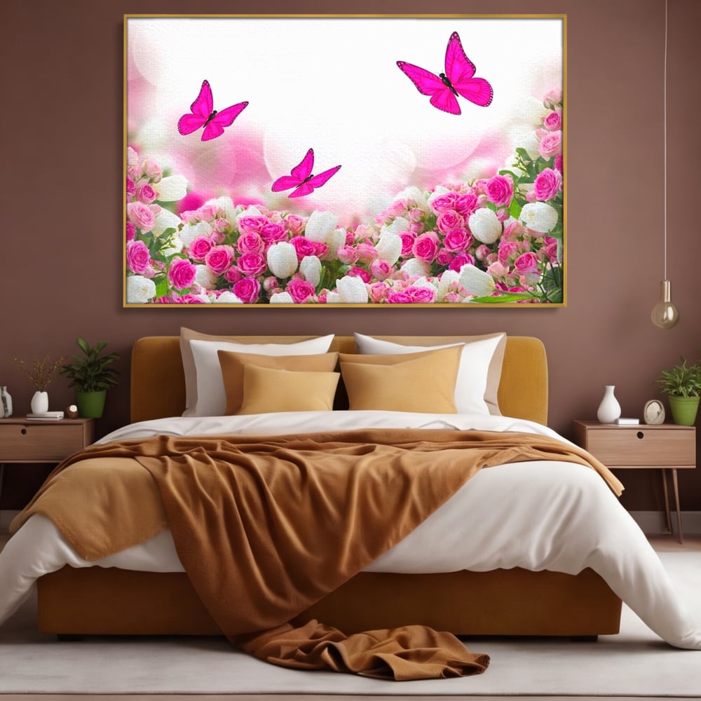 Tablou Canvas Premium, LuxCanva® M1149, Dansul Trandafirilor, Flori, Trandafiri, Roz, Culori Vibrante, Gradina, Fluturi, Aripi, Zbor, Abstract, Feminin, Natura, Birou, Living, Camera Copil