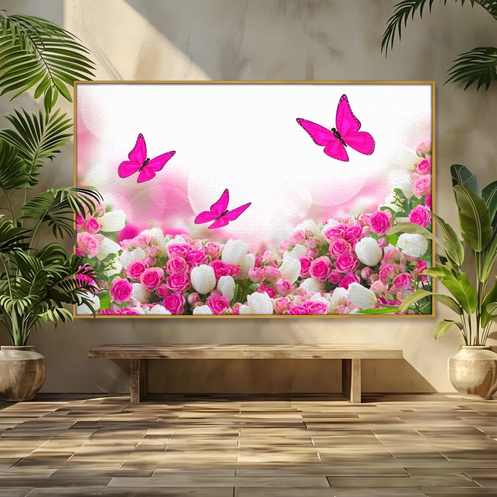 Tablou Canvas Premium, LuxCanva® M1149, Dansul Trandafirilor, Flori, Trandafiri, Roz, Culori Vibrante, Gradina, Fluturi, Aripi, Zbor, Abstract, Feminin, Natura, Birou, Living, Camera Copil