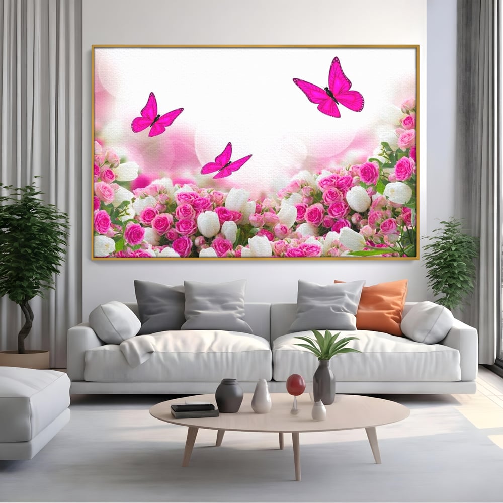 Tablou Canvas Premium, LuxCanva® M1149, Dansul Trandafirilor, Flori, Trandafiri, Roz, Culori Vibrante, Gradina, Fluturi, Aripi, Zbor, Abstract, Feminin, Natura, Birou, Living, Camera Copil