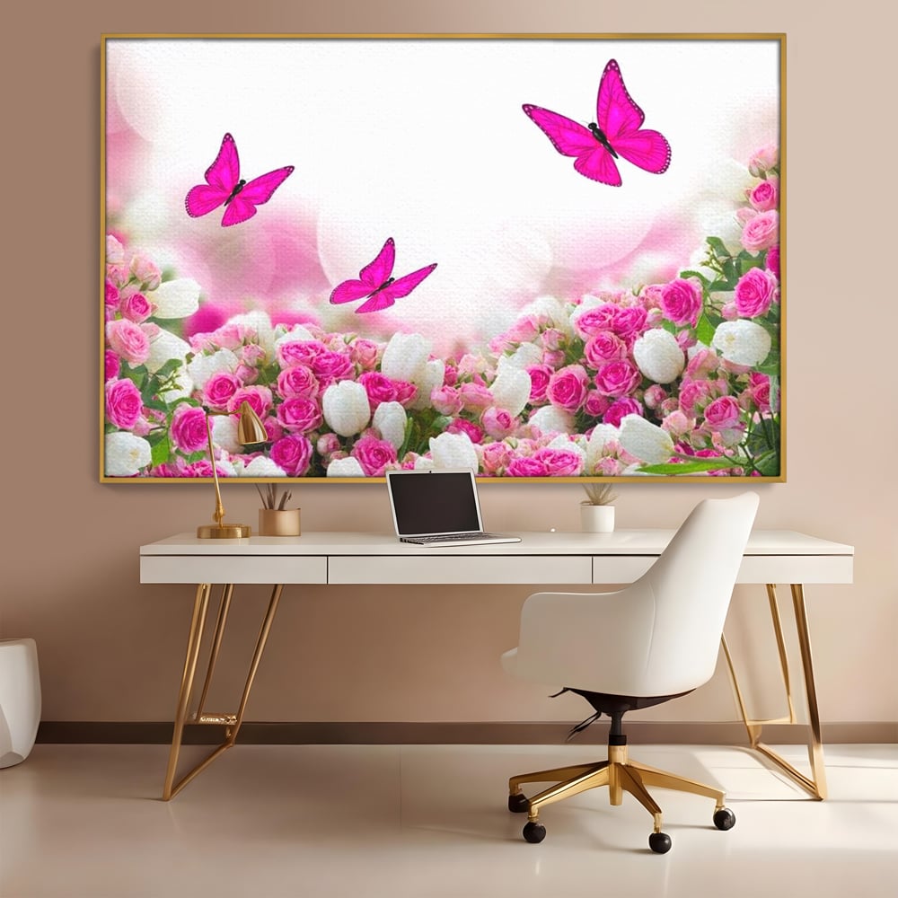 Tablou Canvas Premium, LuxCanva® M1149, Dansul Trandafirilor, Flori, Trandafiri, Roz, Culori Vibrante, Gradina, Fluturi, Aripi, Zbor, Abstract, Feminin, Natura, Birou, Living, Camera Copil
