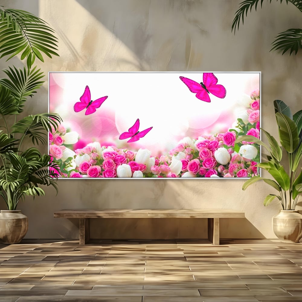 Tablou Canvas Premium, LuxCanva® M1149, Dansul Trandafirilor, Flori, Trandafiri, Roz, Culori Vibrante, Gradina, Fluturi, Aripi, Zbor, Abstract, Feminin, Natura, Birou, Living, Camera Copil