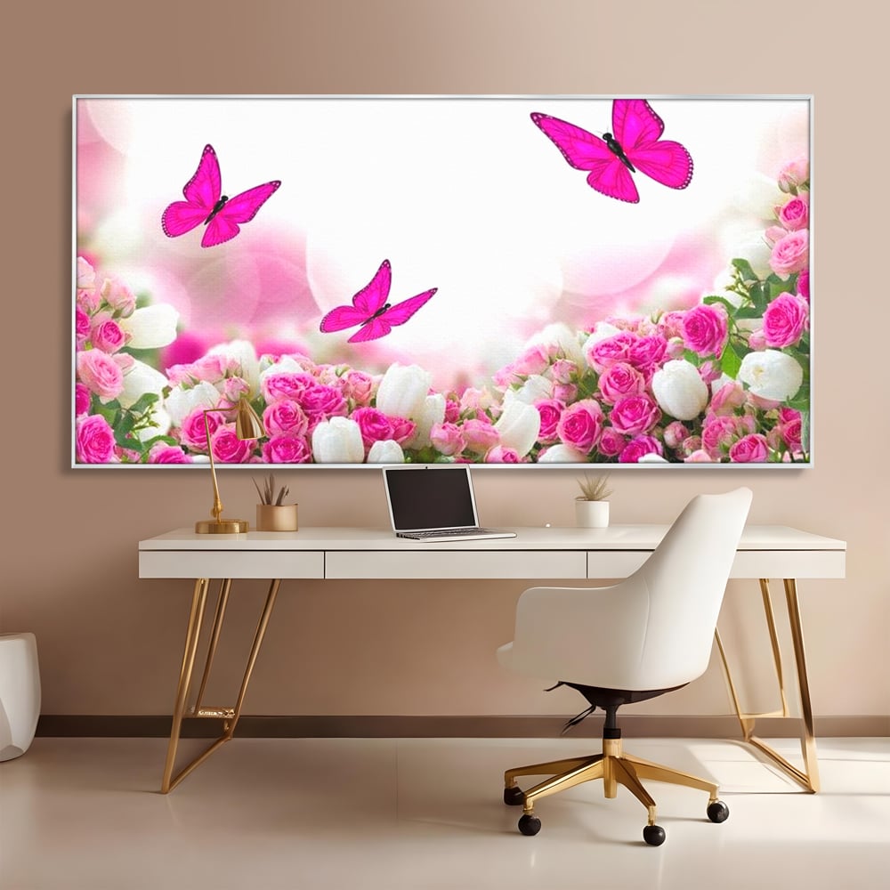 Tablou Canvas Premium, LuxCanva® M1149, Dansul Trandafirilor, Flori, Trandafiri, Roz, Culori Vibrante, Gradina, Fluturi, Aripi, Zbor, Abstract, Feminin, Natura, Birou, Living, Camera Copil