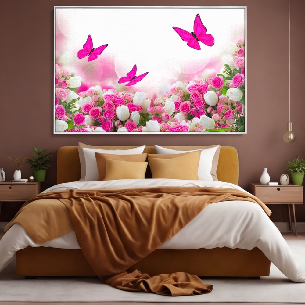 Tablou Canvas Premium, LuxCanva® M1149, Dansul Trandafirilor, Flori, Trandafiri, Roz, Culori Vibrante, Gradina, Fluturi, Aripi, Zbor, Abstract, Feminin, Natura, Birou, Living, Camera Copil