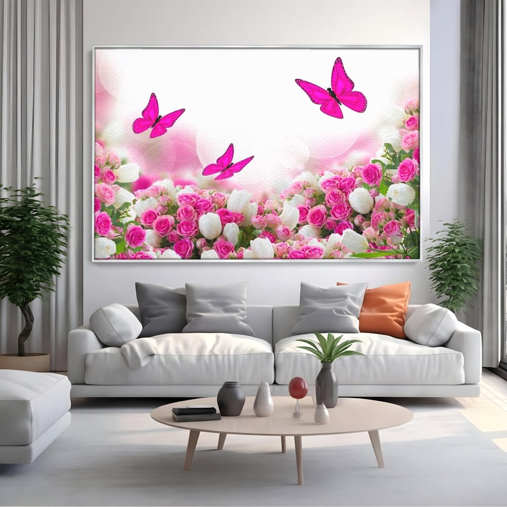 Tablou Canvas Premium, LuxCanva® M1149, Dansul Trandafirilor, Flori, Trandafiri, Roz, Culori Vibrante, Gradina, Fluturi, Aripi, Zbor, Abstract, Feminin, Natura, Birou, Living, Camera Copil