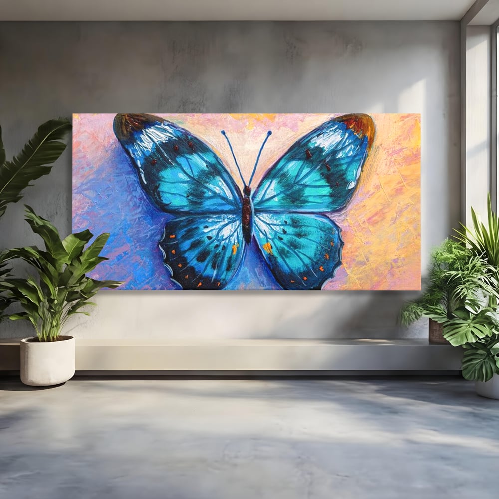 Tablou Canvas Premium, LuxCanva® M1150, Fluture Pictat de Valuri, Pictura, Albastru, Azur, Fluture, Ocean, Valuri, Aripi, Insecta, Abstract, Azur, Acuarela, Birou, Living, Camera Copil