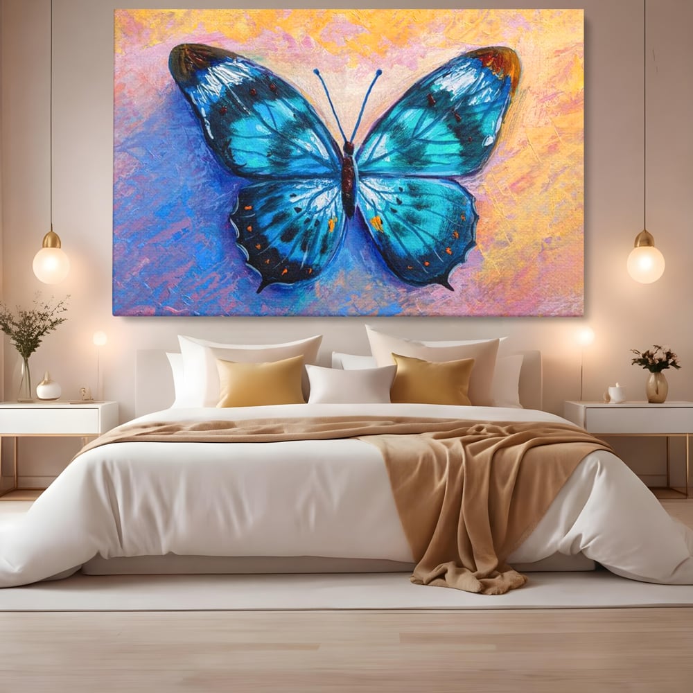 Tablou Canvas Premium, LuxCanva® M1150, Fluture Pictat de Valuri, Pictura, Albastru, Azur, Fluture, Ocean, Valuri, Aripi, Insecta, Abstract, Azur, Acuarela, Birou, Living, Camera Copil
